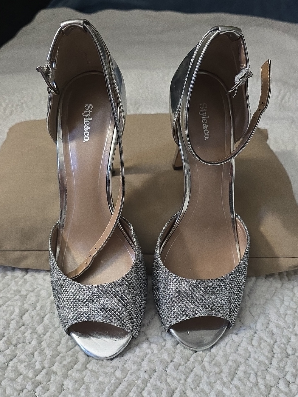 Style & Co. Sparkling Silver Peep-Toe Ankle-Strap Heels